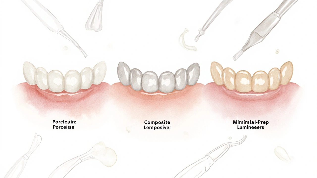 Tři typy zubních fázet vedle sebe: keramické, kompozitní a minimálně invazivní.