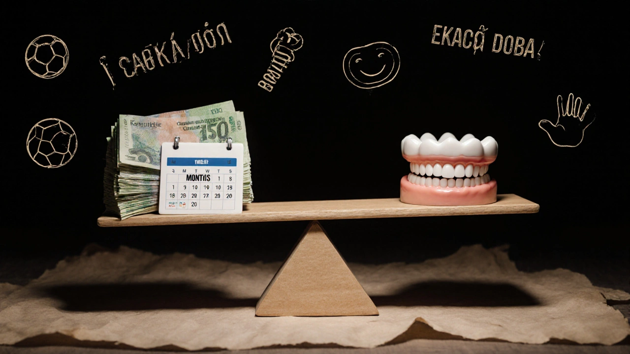 Váha s měsíčním pojistným na jedné straně a implantátem na druhé.