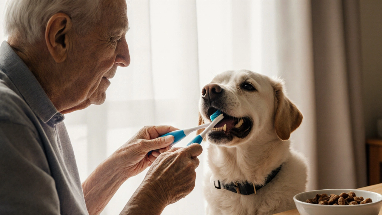 Vlastník čistí zuby svému psu doma denní péčí s pet pastou a kartáčkem.