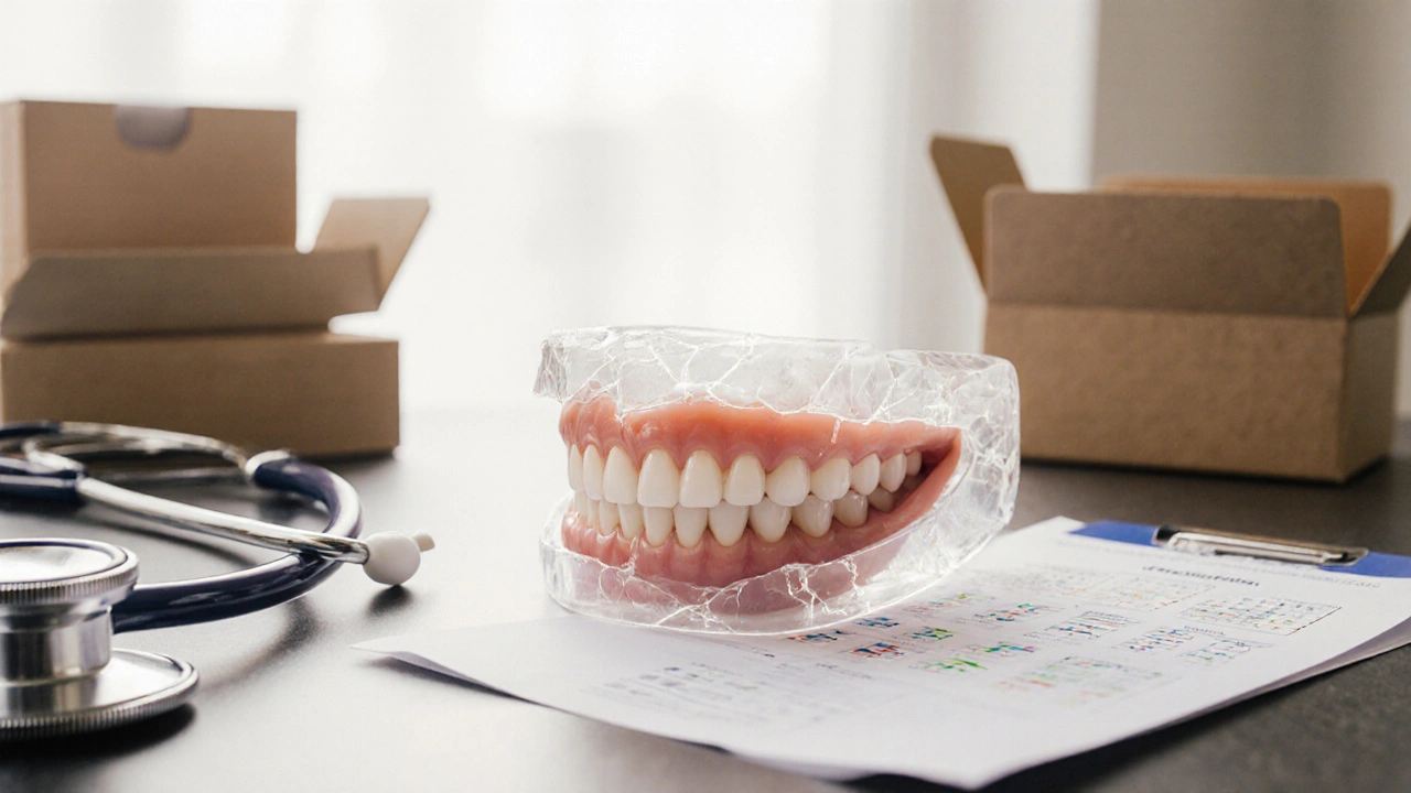 Zdravý úsměv vychází z poškozených domácích splávek s retentorem na pozadí.