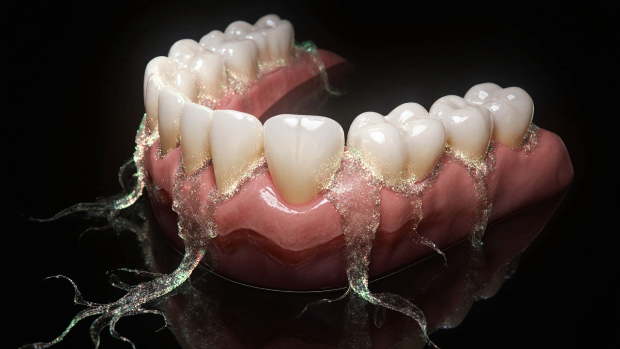 Živý biofilm se šíří po zubech jako hrozba pro zdraví zubů.