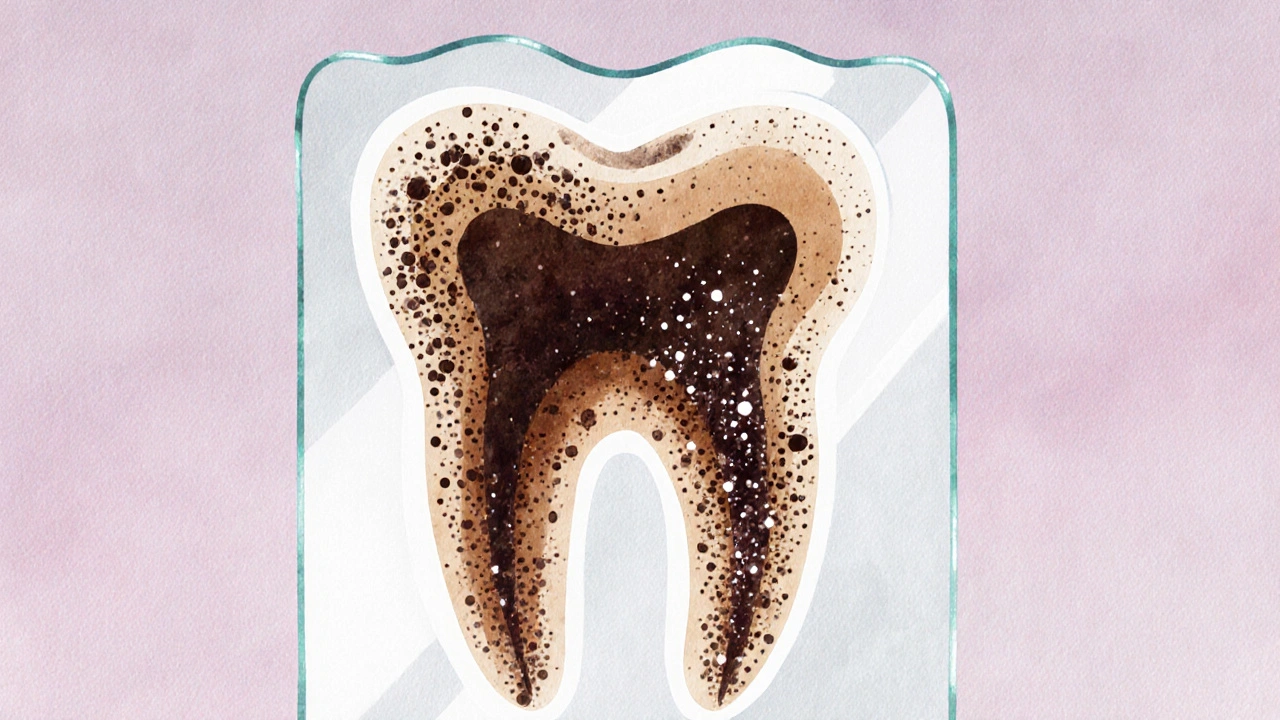 Zub jako skleněný povrch s odstraňovanými skvrnami, ale nezměněnou vnitřní barvou.