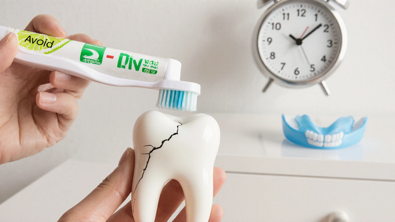 Zub po ošetření kompozitní výplní, s hodinami a ochrannou plenou na pozadí.