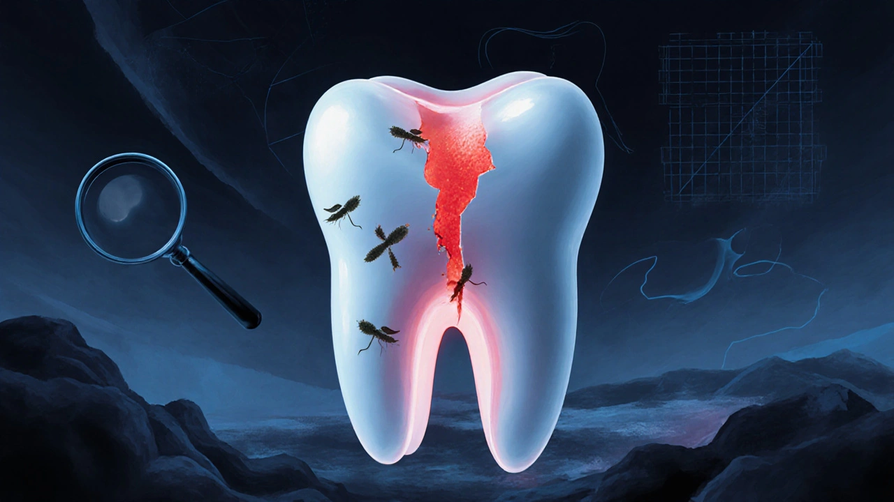 Zub s hlubokou prasklinou, do které pronikají bakterie směrem ke kořeni, symbolizující infekci.