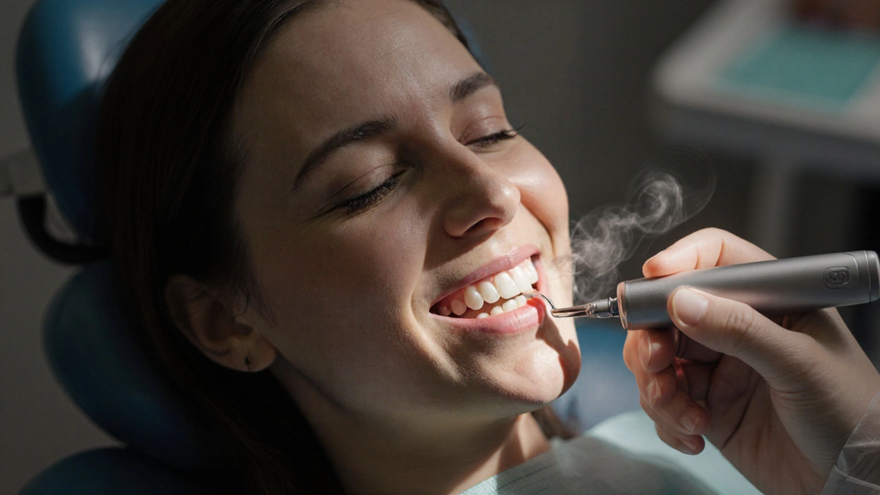 Zubní hygienistka odstraňuje zubní kámen ultrazvukovým přístrojem