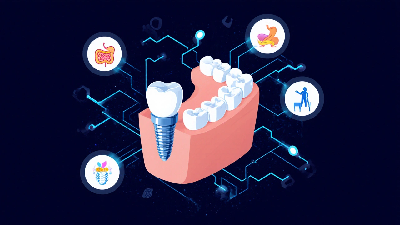 Zubní implantát nahrazuje chybějící molár, spojený s vizuálními symboly zdravého trávení a pohody.