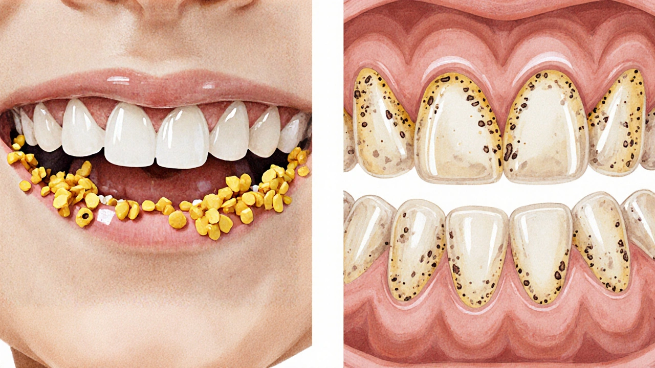 Zubní kámen na spodních řezácích dítěte v porovnání se zdravými zuby.