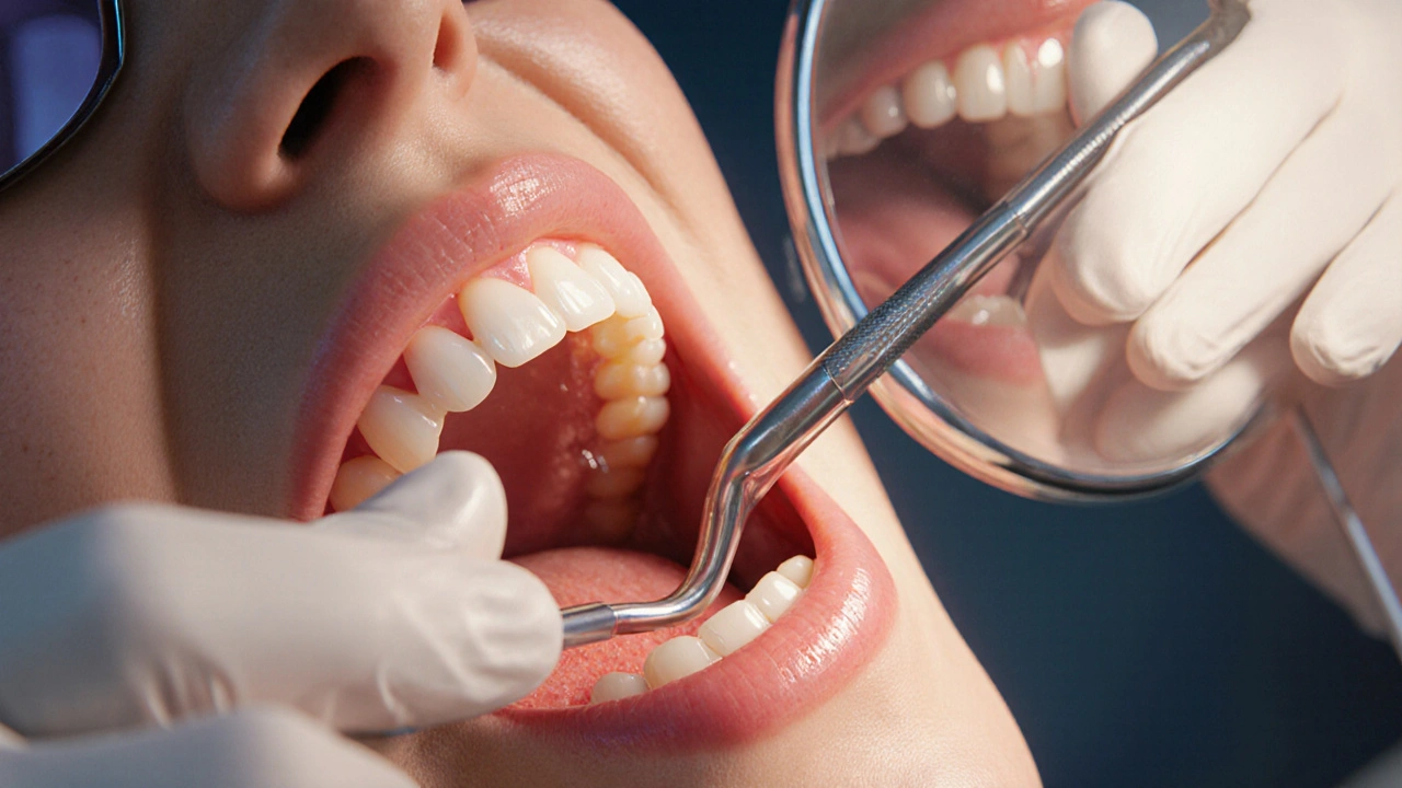 Zubní lékař používá kyretu k čištění pod dásní.