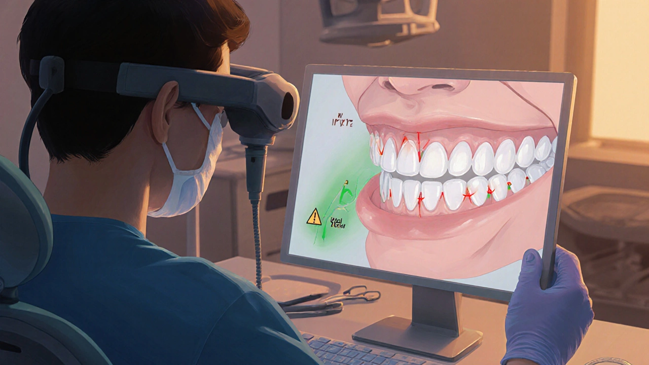 Zubní lékař skenuje čelist pacienta s viditelným porovnáním bezpečné a nebezpečné ortodoncie.