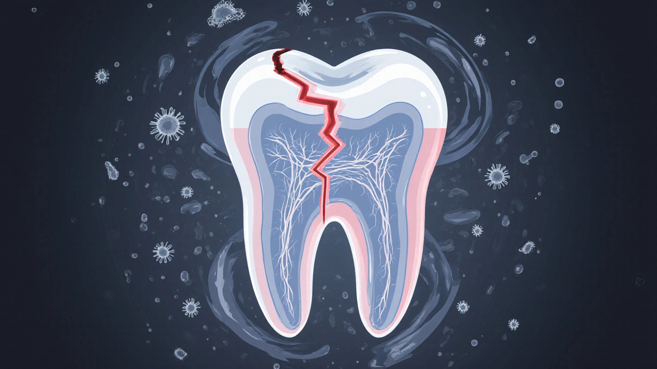 Zvětšený pohled na trhlinu v zubní sklovince s vnitřními cestami k nervu.