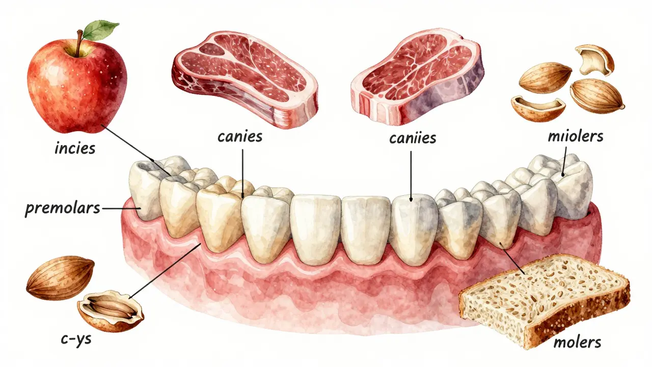 Anatomická ilustrace čelisti s typy zubů a symboly potravin v watercolor stylu.