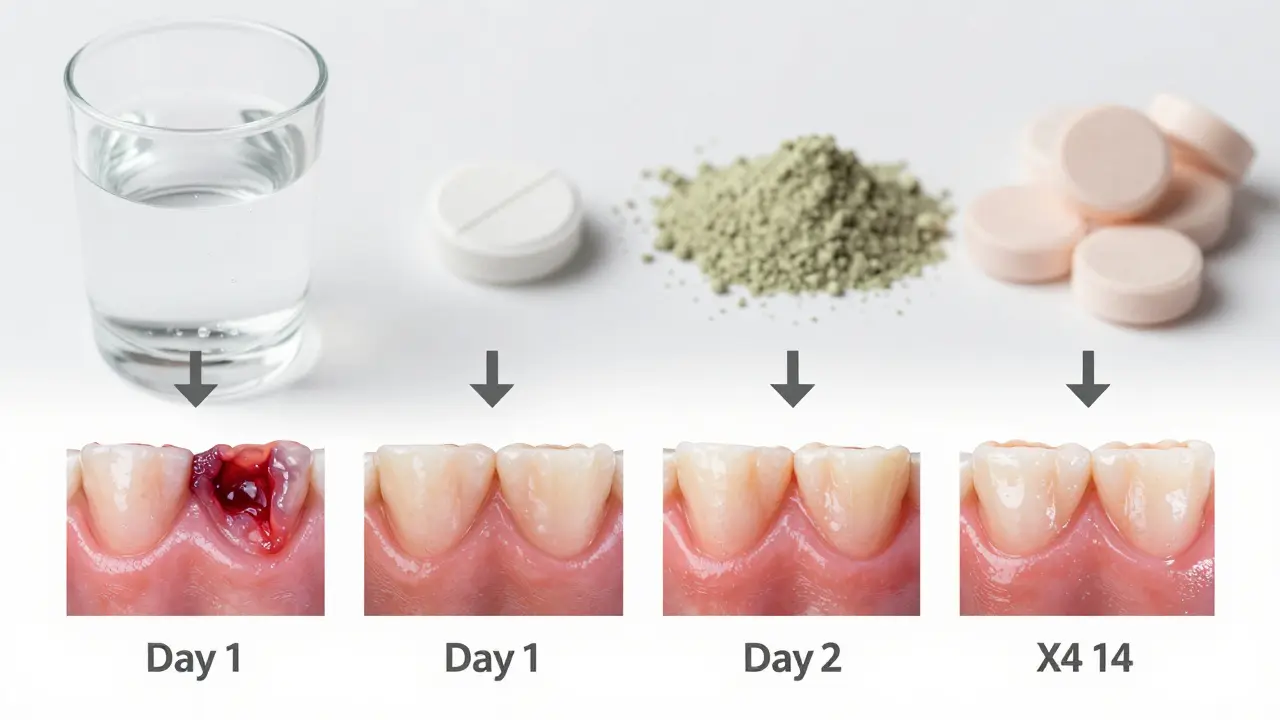 Časová osa hojení dásní od krvácení k zdravé tkáni s přírodními pomůckami v pozadí, mírné barvy a měkký fokus.