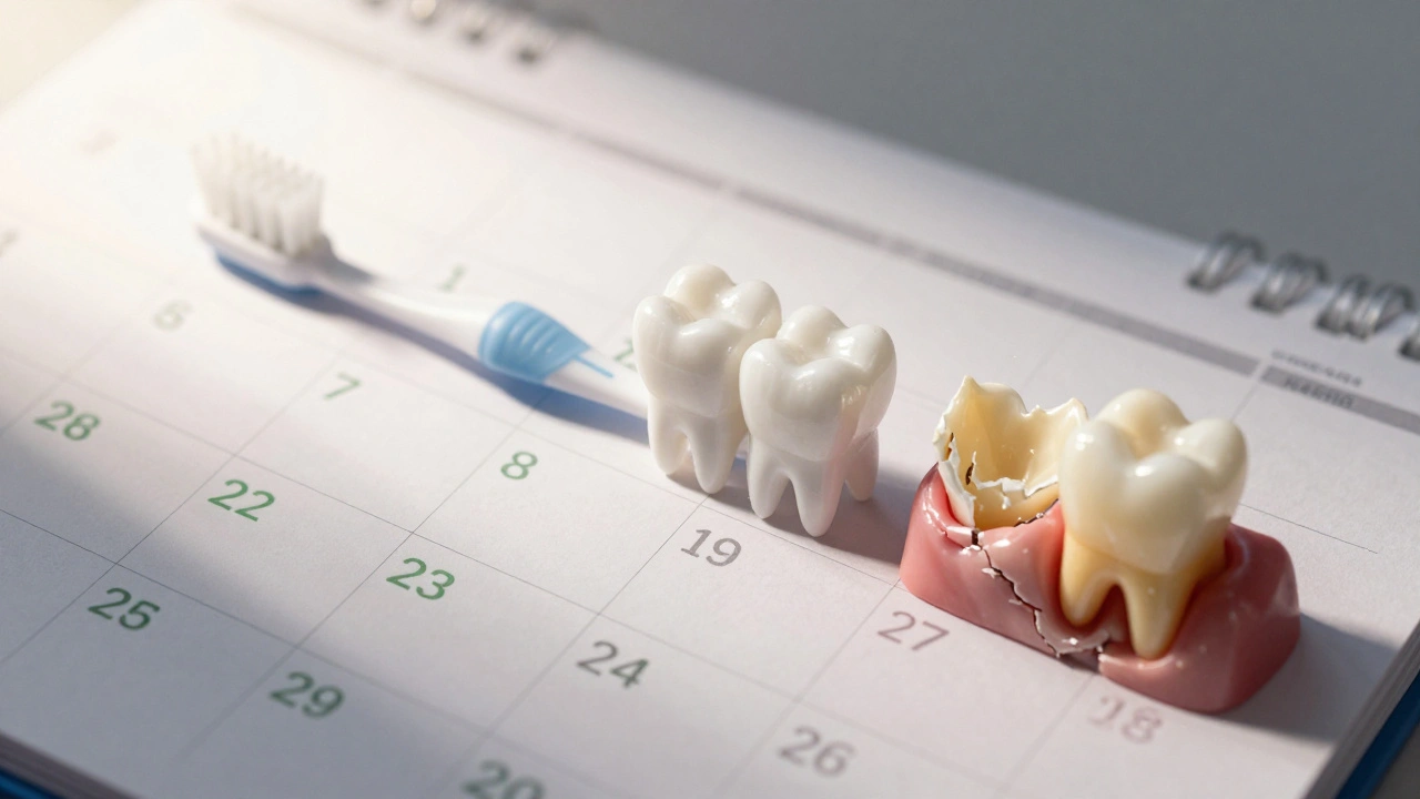 Časová osa srovnávající zdravé a poškozené zuby podle používání kartáčku.