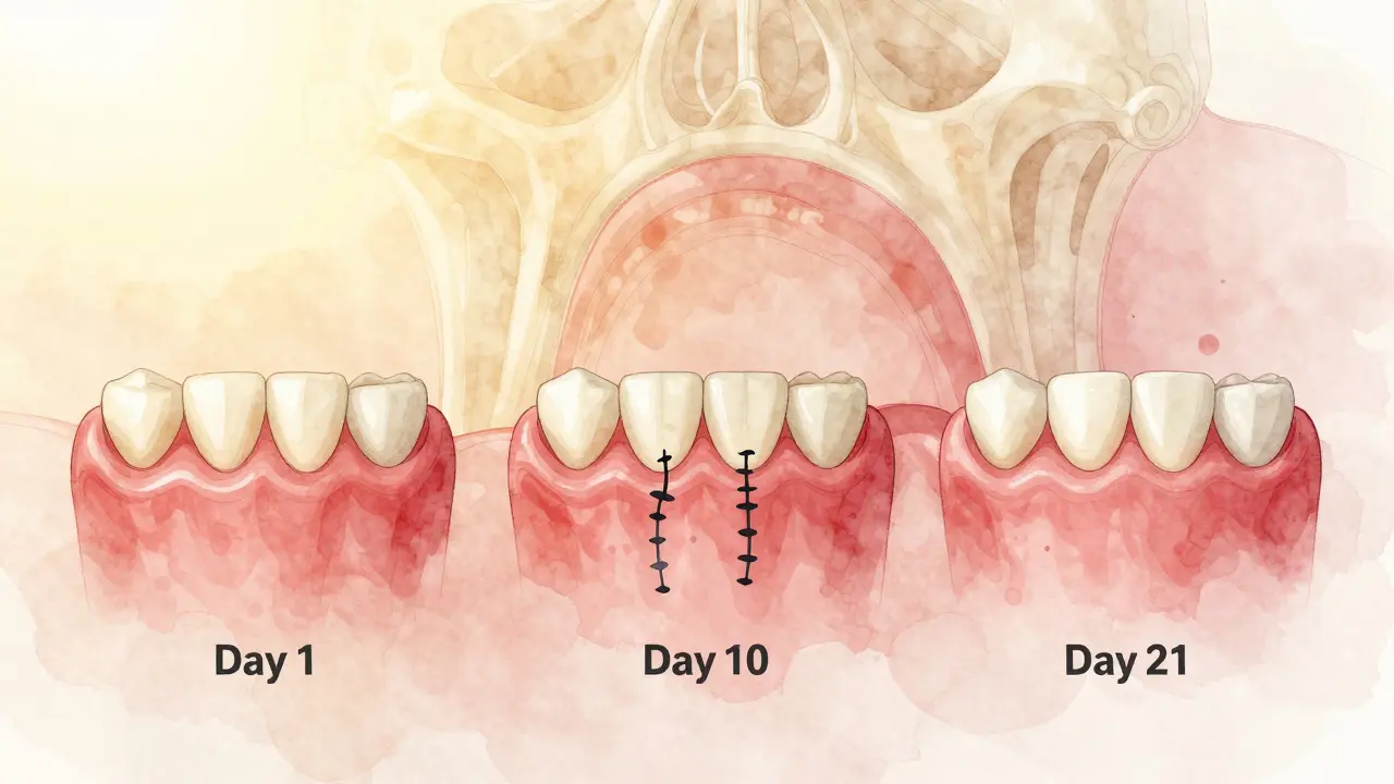 Časový přehled rozpadu vnitřních stehů během tří týdnů po operaci.