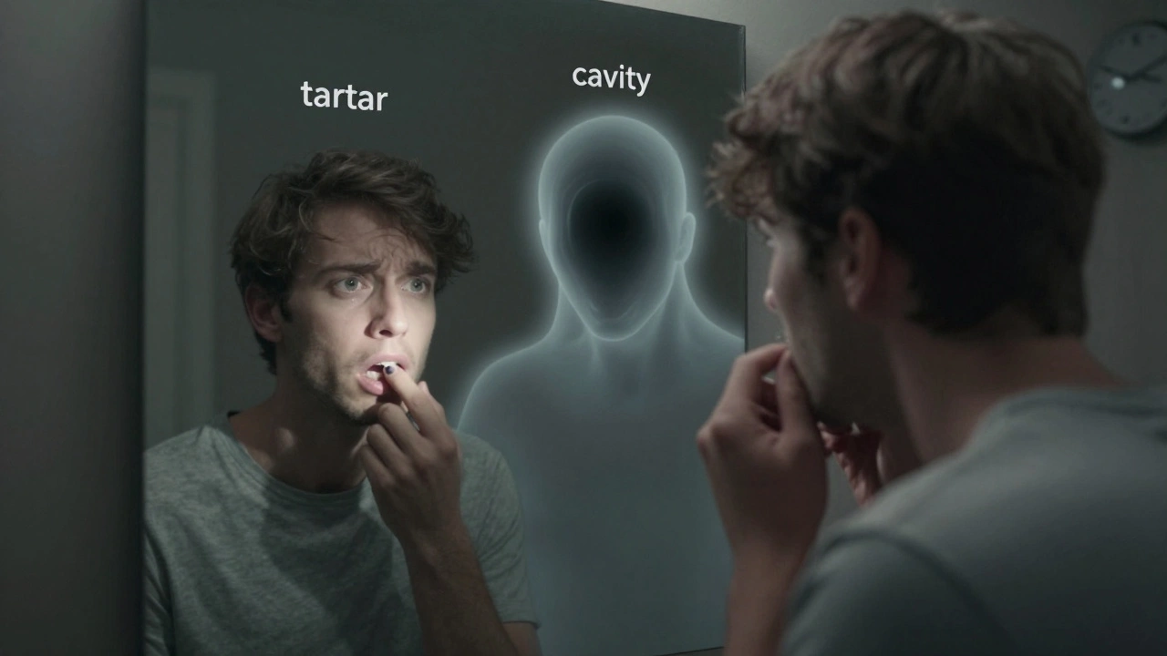 Člověk se dívá do zrcadla a sleduje tmavou skvrnu na zubu, za ním se objevují dva průhledné stíny.