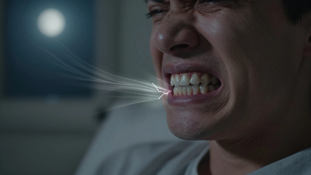 Člověk spící s napjatou čelistí, symbolizující noční broušení zubů.