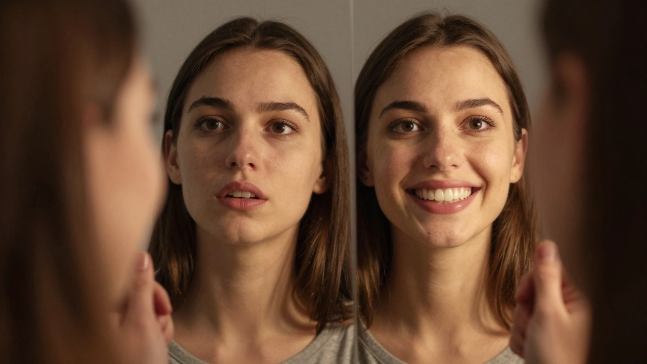 Člověk v zrcadle: jedna verze s nekvalitními zuby, druhá s bílými, rovnoměrnými fazetami.