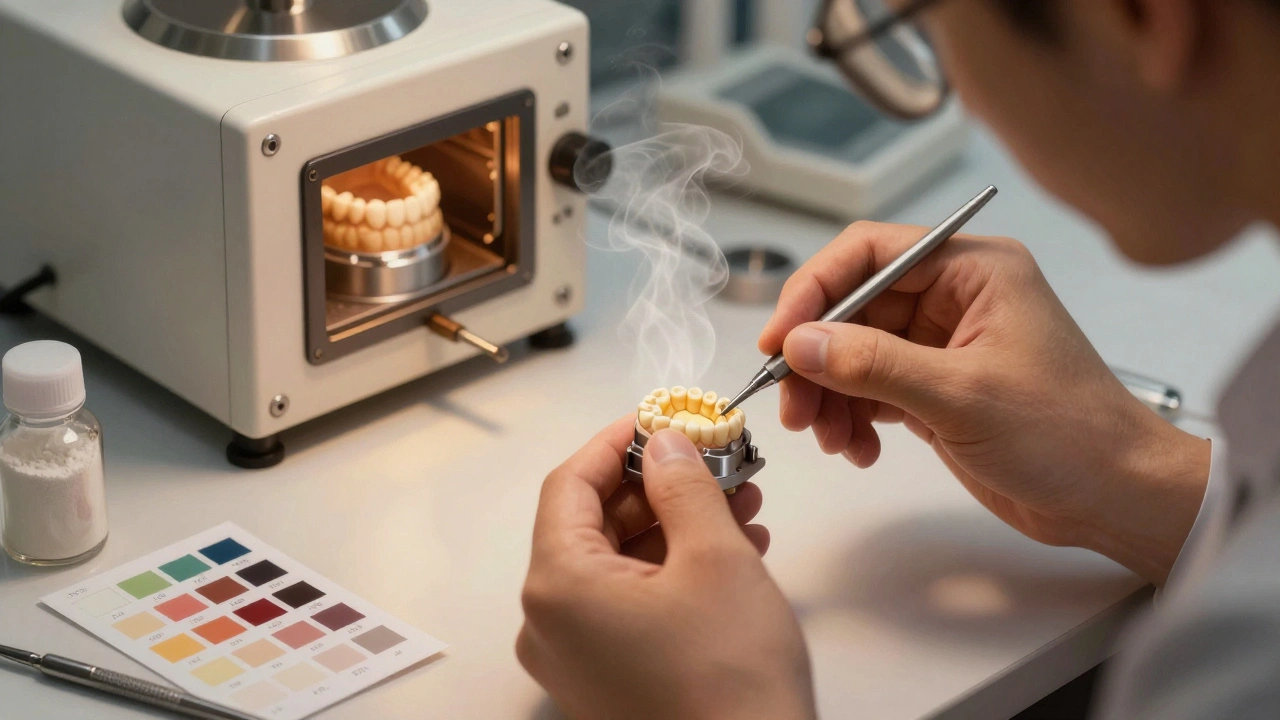 Dental technician hand-applying ceramic layers to a metal crown framework in a lab.