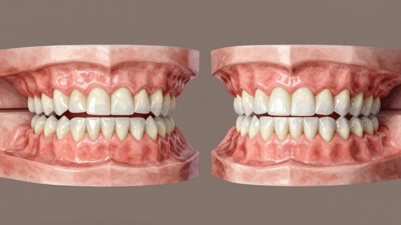 Dva modely zubů: před a po aplikaci keramických fazet, s výrazným rozdílem v barvě a tvaru.
