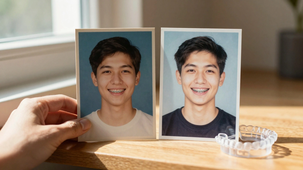 Dvě fotografie vedle sebe: jedna bez rovnátek, druhá s nimi, na poličce s transparentními šablonami.