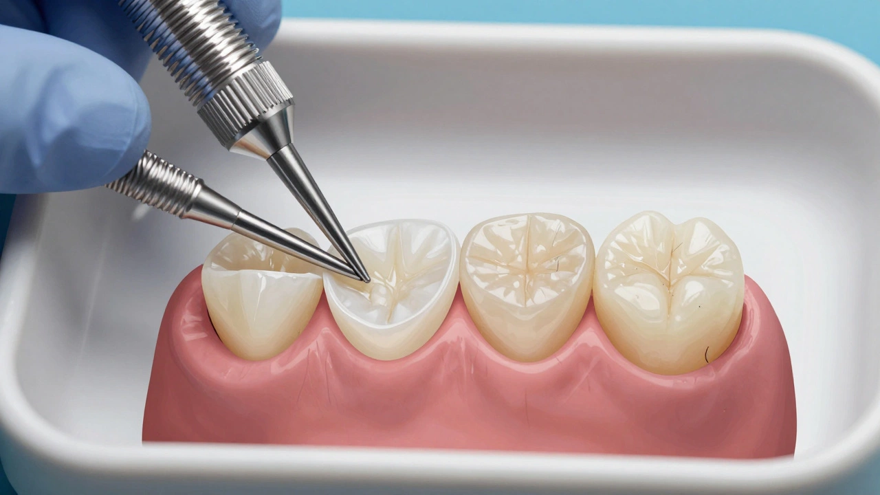 Dvě typy fazet na zubním nářadí: porcelánová a kompozitní, s viditelnými rozdíly v kvalitě.