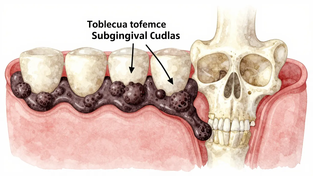 Ilustrace vzniku subgingiválního kamene a poškození dásně