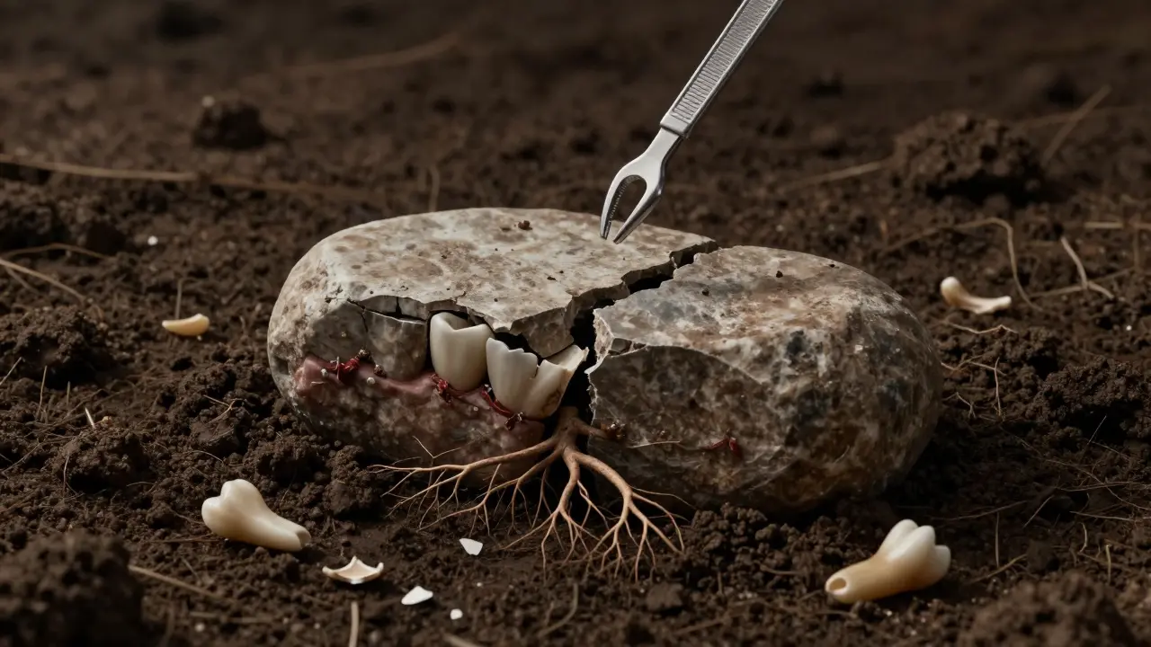 Kámen zasazený v zemi s křehkými kořeny zubů, symbolizující ztrátu zubů způsobenou parodontitidou.