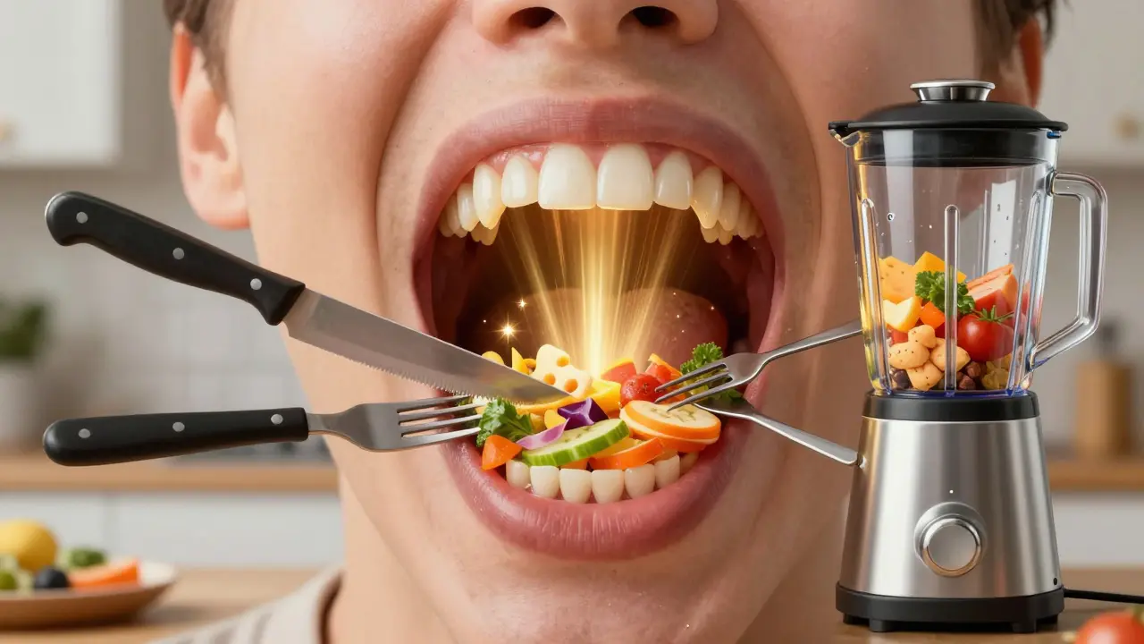 Koncepční obraz úst jako kuchyně, kde zuby fungují jako kuchyňské nástroje.