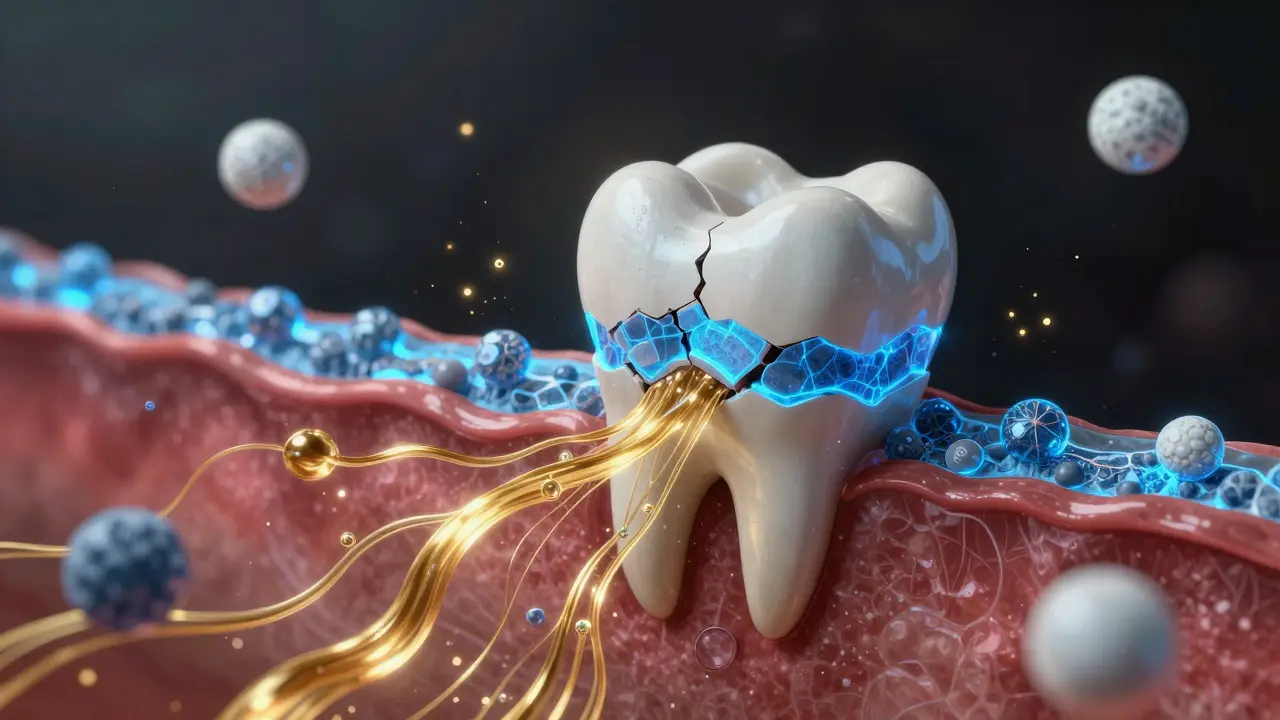 Konceptuální obraz zubu v minerálním prostředí, kde ionty staví novou odolnou vrstvu.