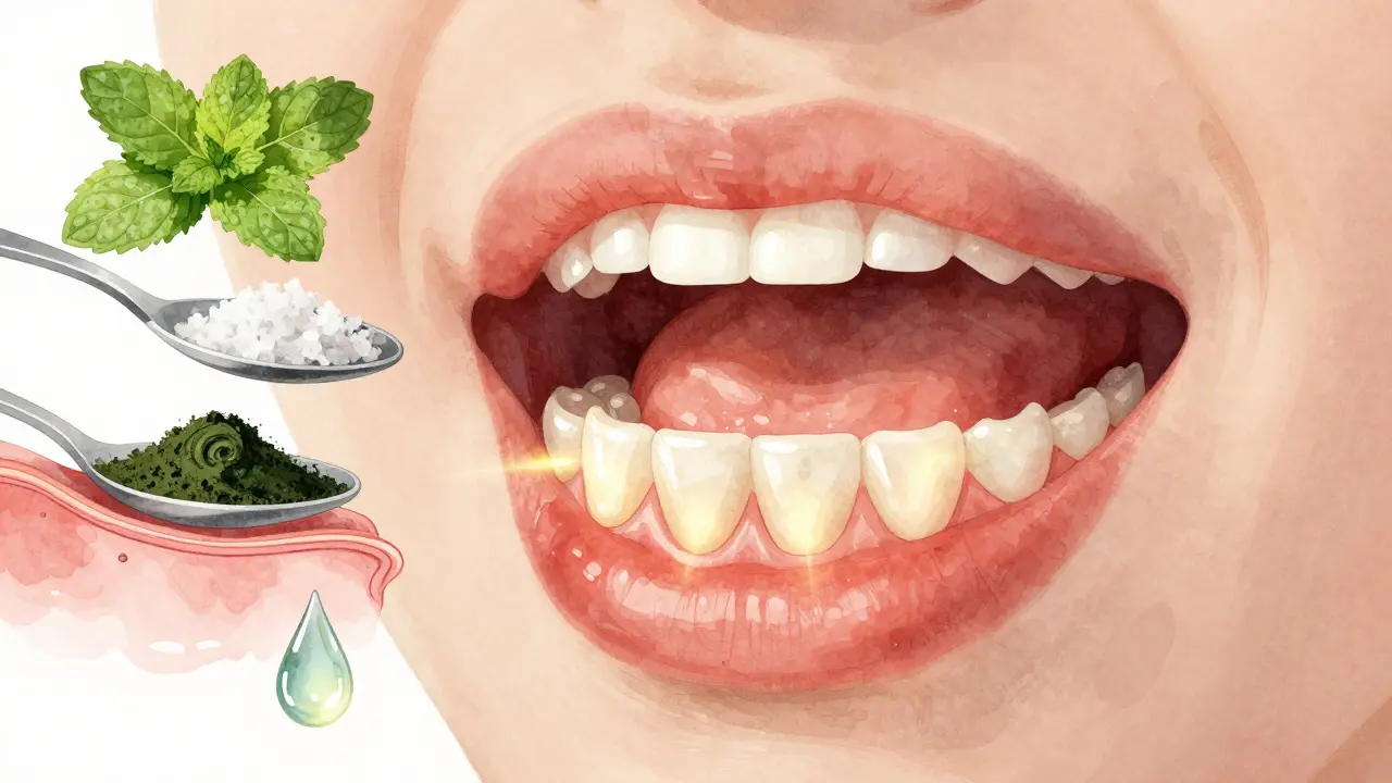 Křížový řez ústní dutiny s regenerujícími dásněmi a přírodními léčivými látkami kolem, styl vodové malby.