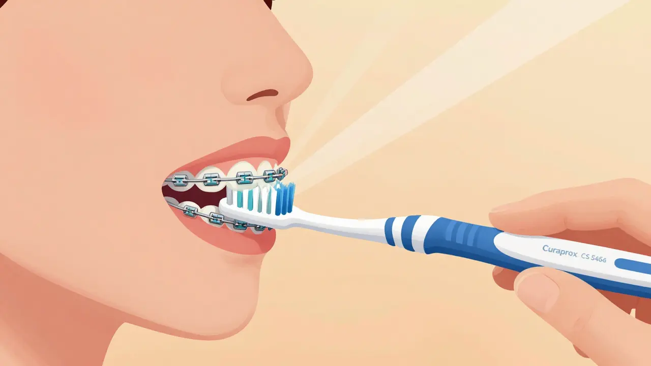 Malá hlava Curaprox CS 5464 čistí zuby s ortodontickou nápravou.
