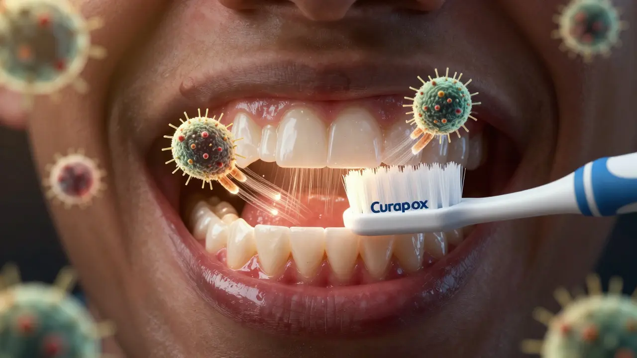 Mikroskopické bakterie jsou odstraňovány tisíci jemnými vlasicemi Curaprox kartáčku.