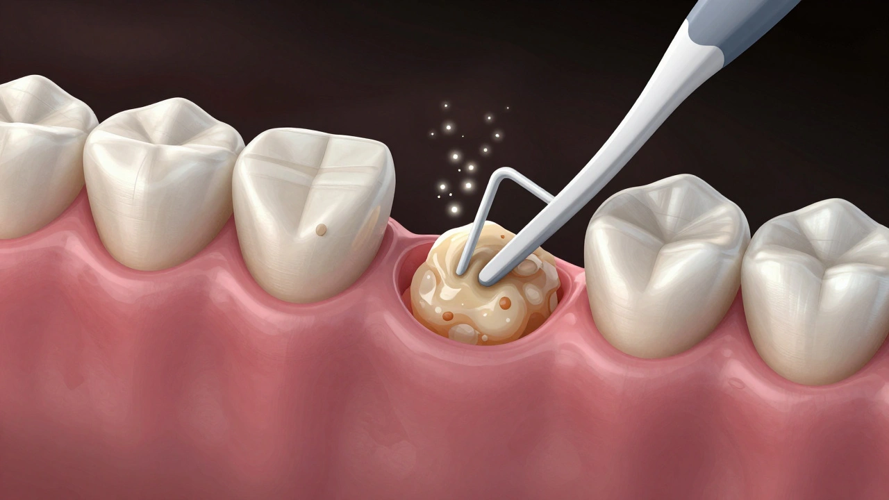 Mikroskopický pohled na odstranění plaku mezizubním kartáčkem.