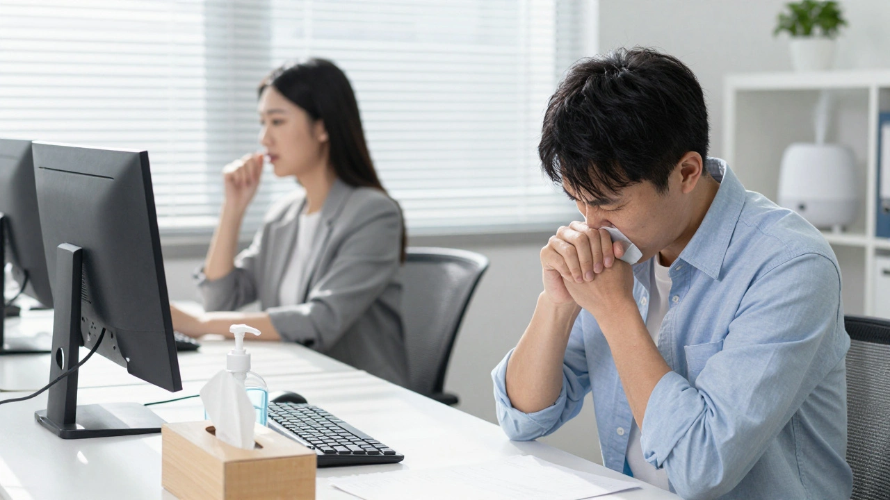Osoba kašle do lokte v kanceláři, vedle ní dezinfekce a kapesníky, slunce svítí skrze žaluzie.