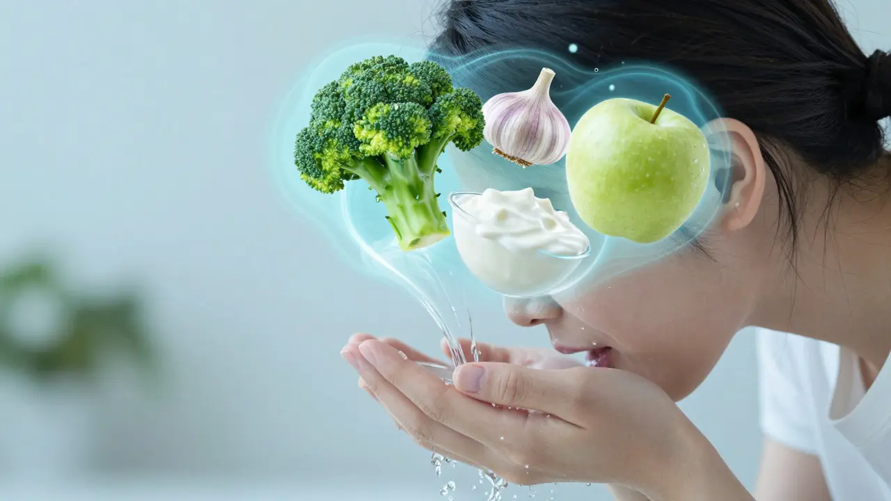 Osoba si pláchne ústa vodou, kolem hlavy se vznášejí potraviny pro zdraví zubů.