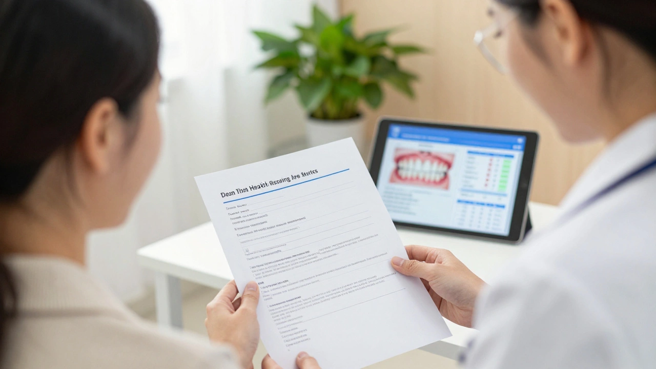 Pacient si prohlíží tiskový přehled zubního zdraví spolu se zubní hygieničkou.