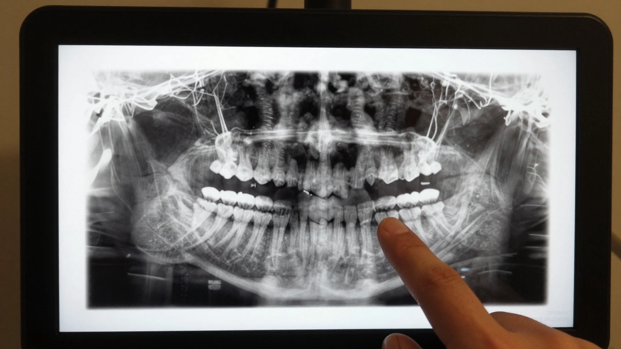 Panoramatický rentgen čelisti s viditelnými všemi zuby a dásněmi na světlém panelu.