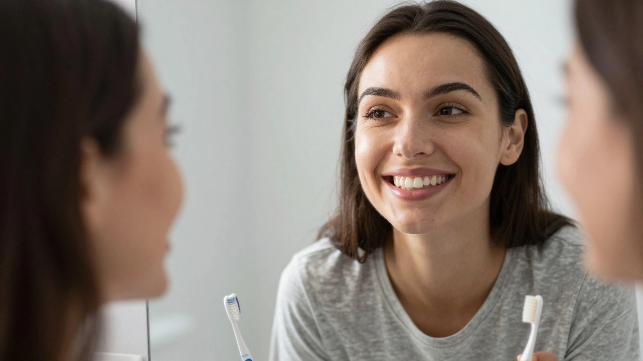 Patient smiling in mirror showing natural-looking ceramic dental crown.