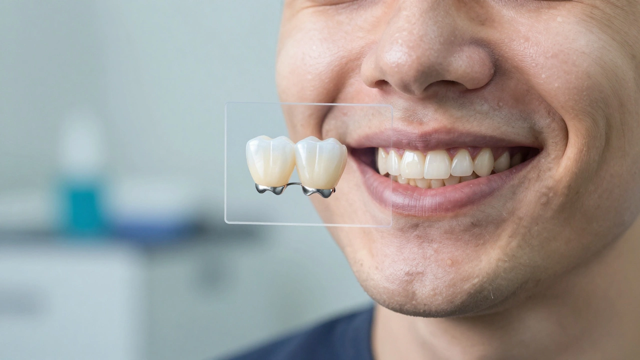 Patient smiling with a natural-looking metal-ceramic crown blended with adjacent teeth.