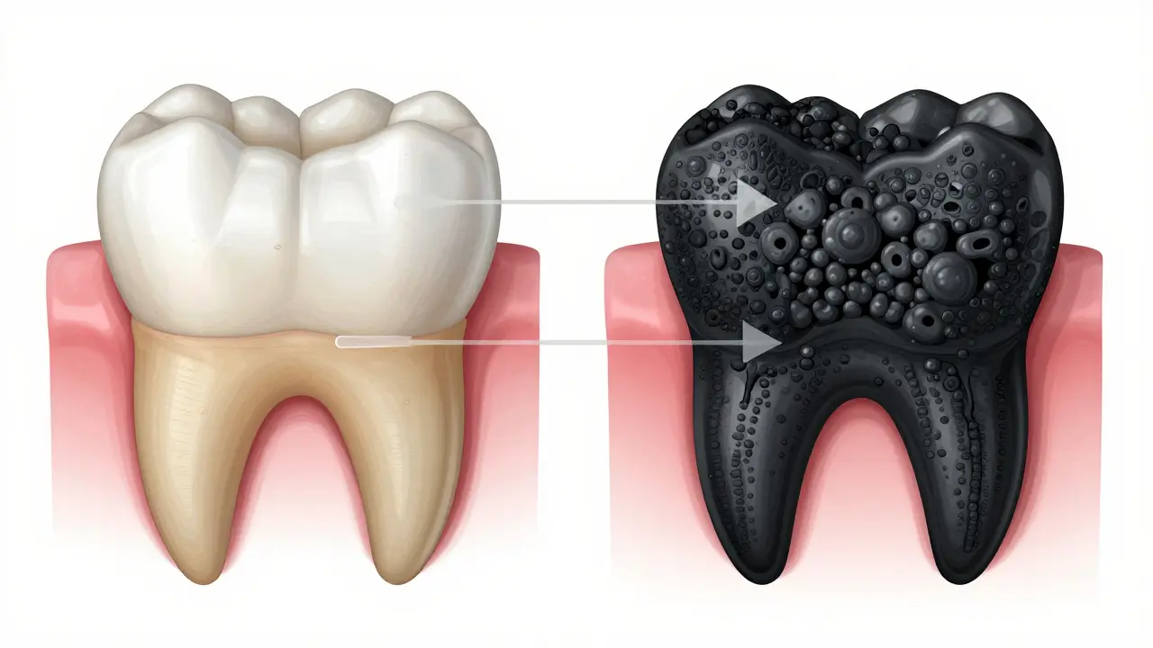 Porovnání běžného a černého zubního kamene na dvou zubech s příčinami vzniku.