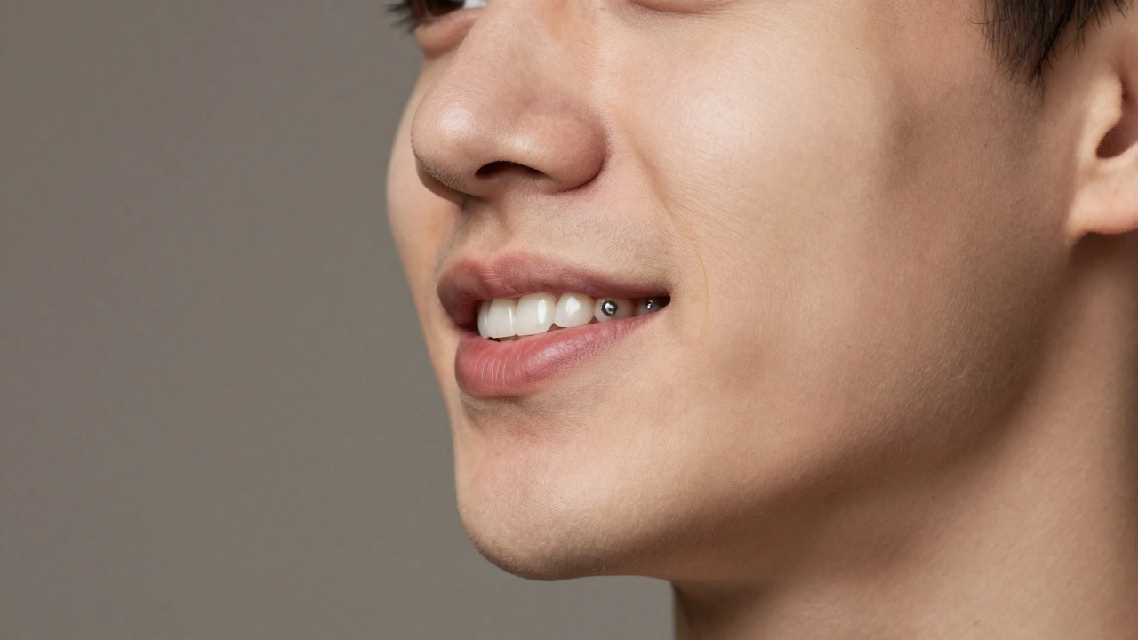 Porovnání tváře: jedna strana se zdravými zuby a plným obrysem, druhá se ztenčenou čelistí po ztrátě zubu.