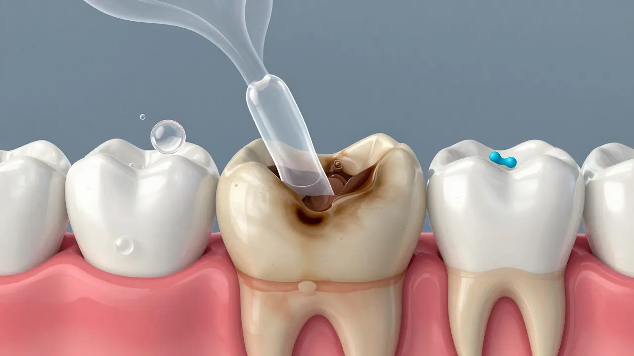 Přehled vnitřní struktury zubu s bílícím gelem a pigmenty.