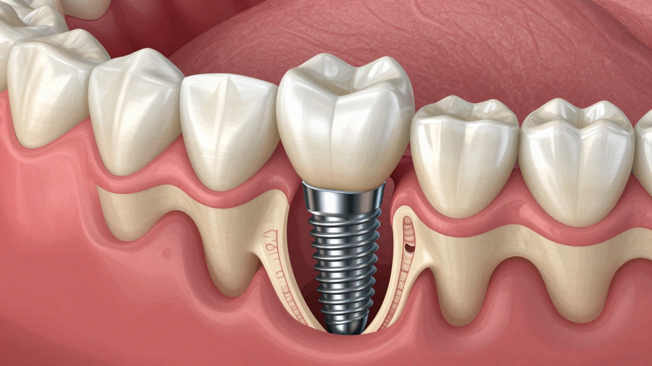 Příčný řez čelistí s implantátem, který je integrován do kosti, s korunkou na vrcholu.