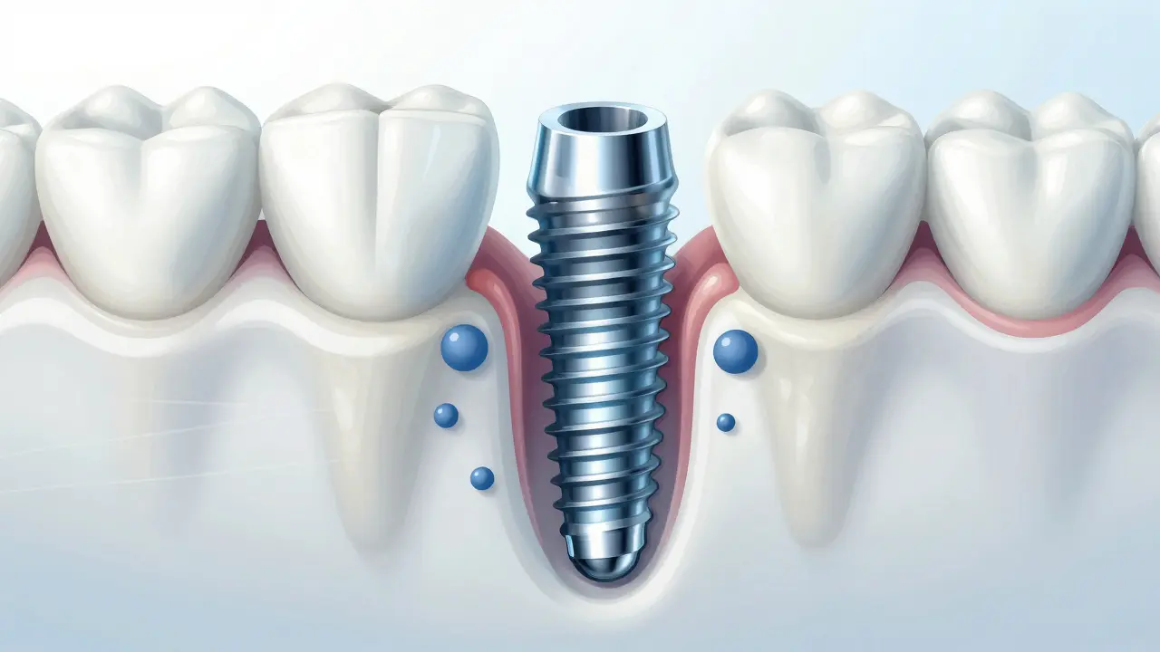 Průřez čelistí s implantátem, který je integrován do kosti.
