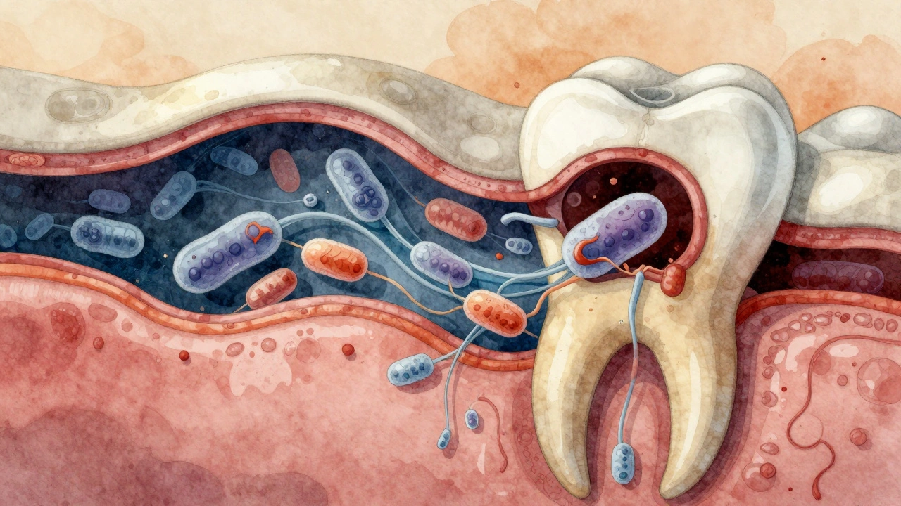 Průřez zubem s bakteriemi ničícími sklovinku a dentin, viditelné hlboké poškození.