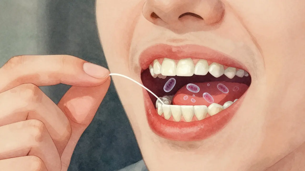 Ruka drží zubní nit mezi zuby v tvaru písmene C, s jemným červeným odstínem na dásní.