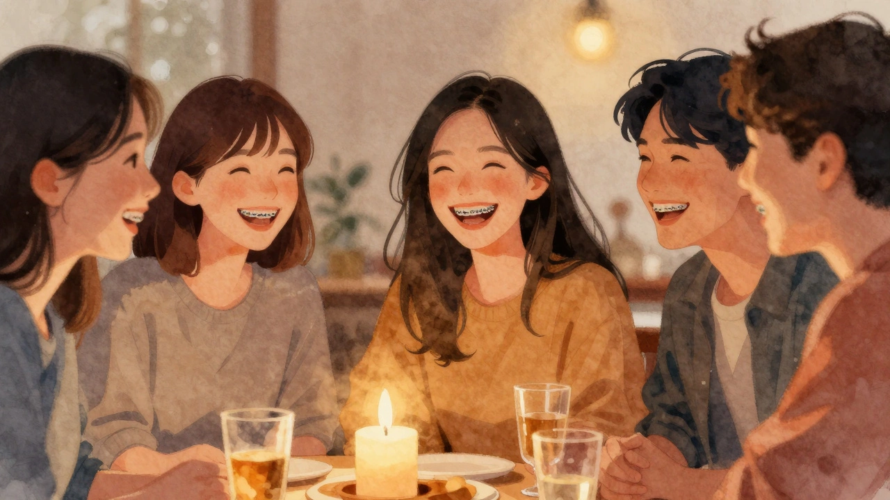 Skupina přátel se směje na večírku, jedna osoba má rovnátka, ale všichni jsou zaměřeni na smích.