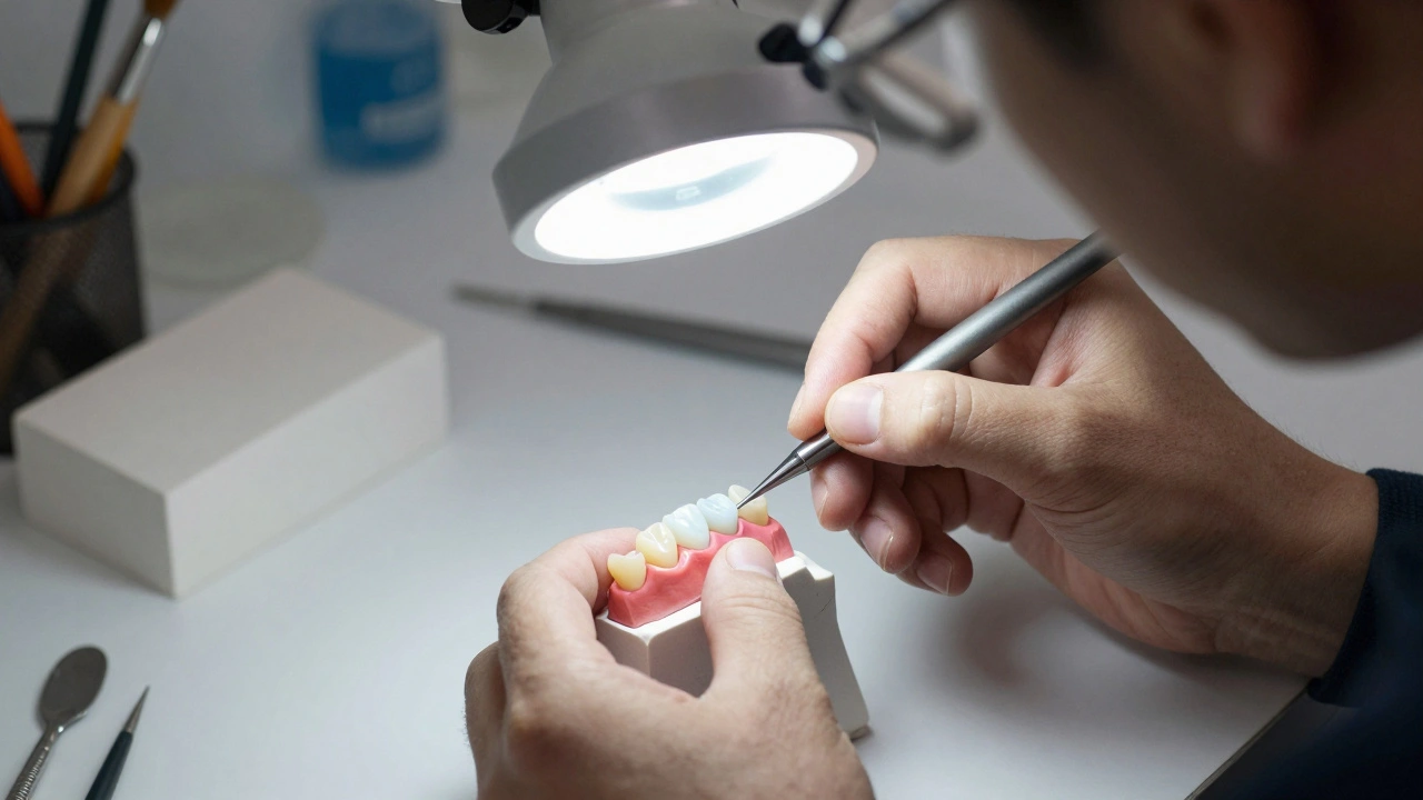 Technician hand-painting ceramic crown with natural color gradients.