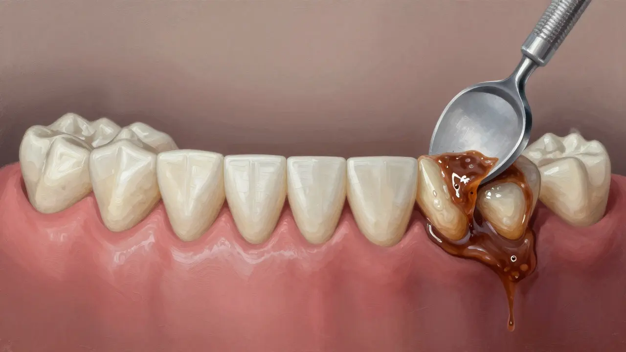 Tři fáze vývoje zubního povlaku: bílý biofilm, mineralizace a tvrdý zubní kámen na zubech.