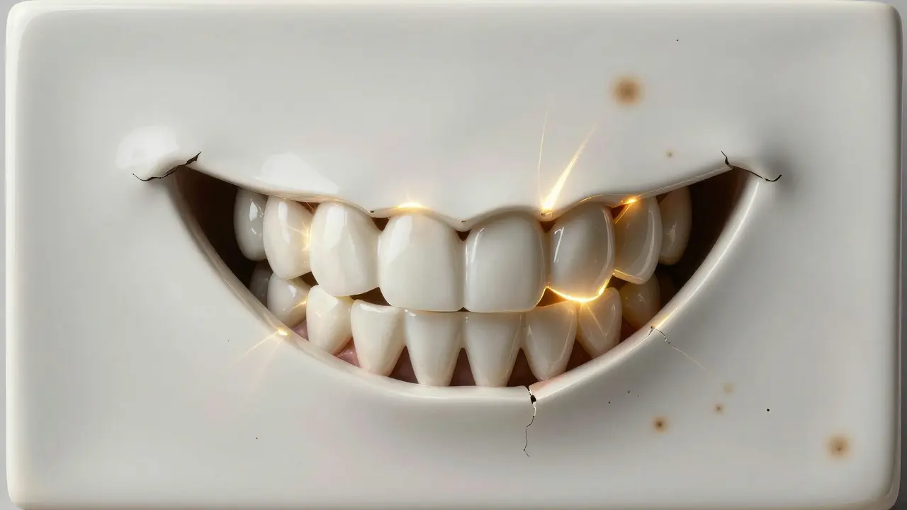 Úsměv vznikající z rozbité keramiky, symbolizující přeměnu a sebevědomí.